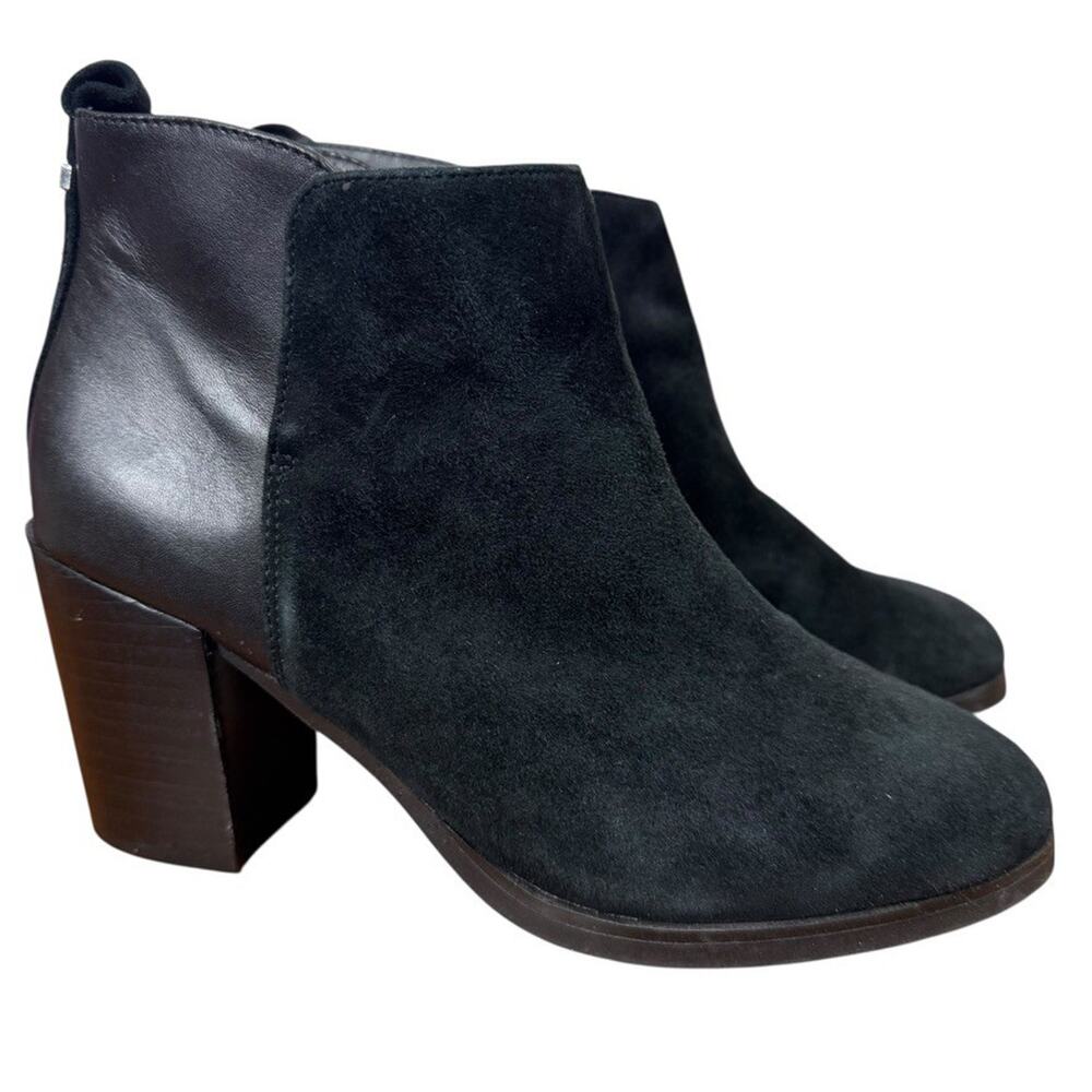 Lands End Womens Black Leather Suede Block High Heel Ankle Boots Booties Shoes 7